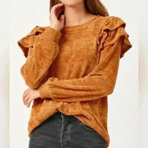 NWOT HAYDEN L.A. Ruffle Shoulder Caramel Knit Top | size Large